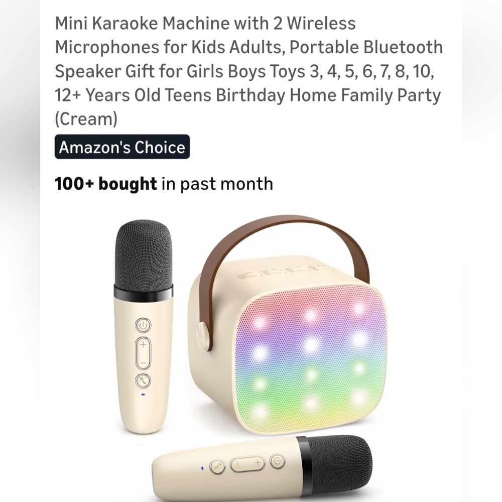 Portable Cream Karaoke Speaker with LED Lights and 2 Wireless Microphones